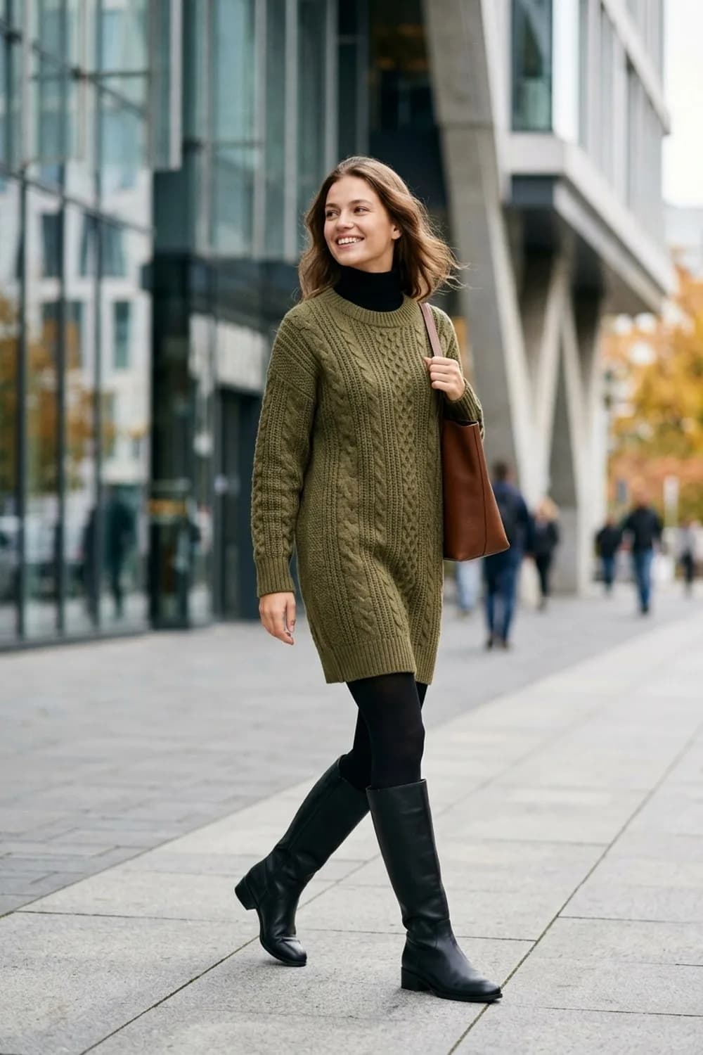 Herbst-Lagenlook: Lockeres Strickkleid, Rollkragenpullover und kniehohe Stiefel – Lockeres Kleid: 9 lässige Looks für entspannte Tage