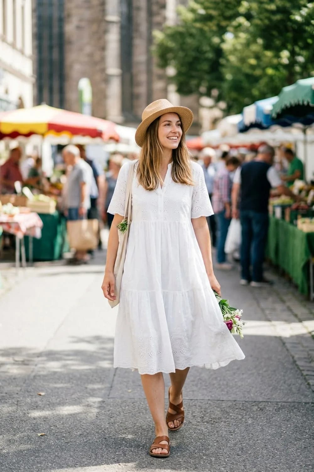 Sommerbrise: Luftiges Baumwollkleid, Strohhut und flache Sandalen – Lockeres Kleid: 9 lässige Looks für entspannte Tage