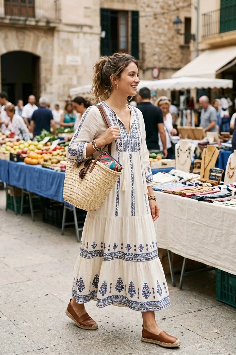 Boho-Beach-Look: Besticktes Maxikleid, Korbtasche und braune Leder-Espadrilles – Malle Outfit für Frauen: 9 feiertaugliche Looks für die Party-Insel