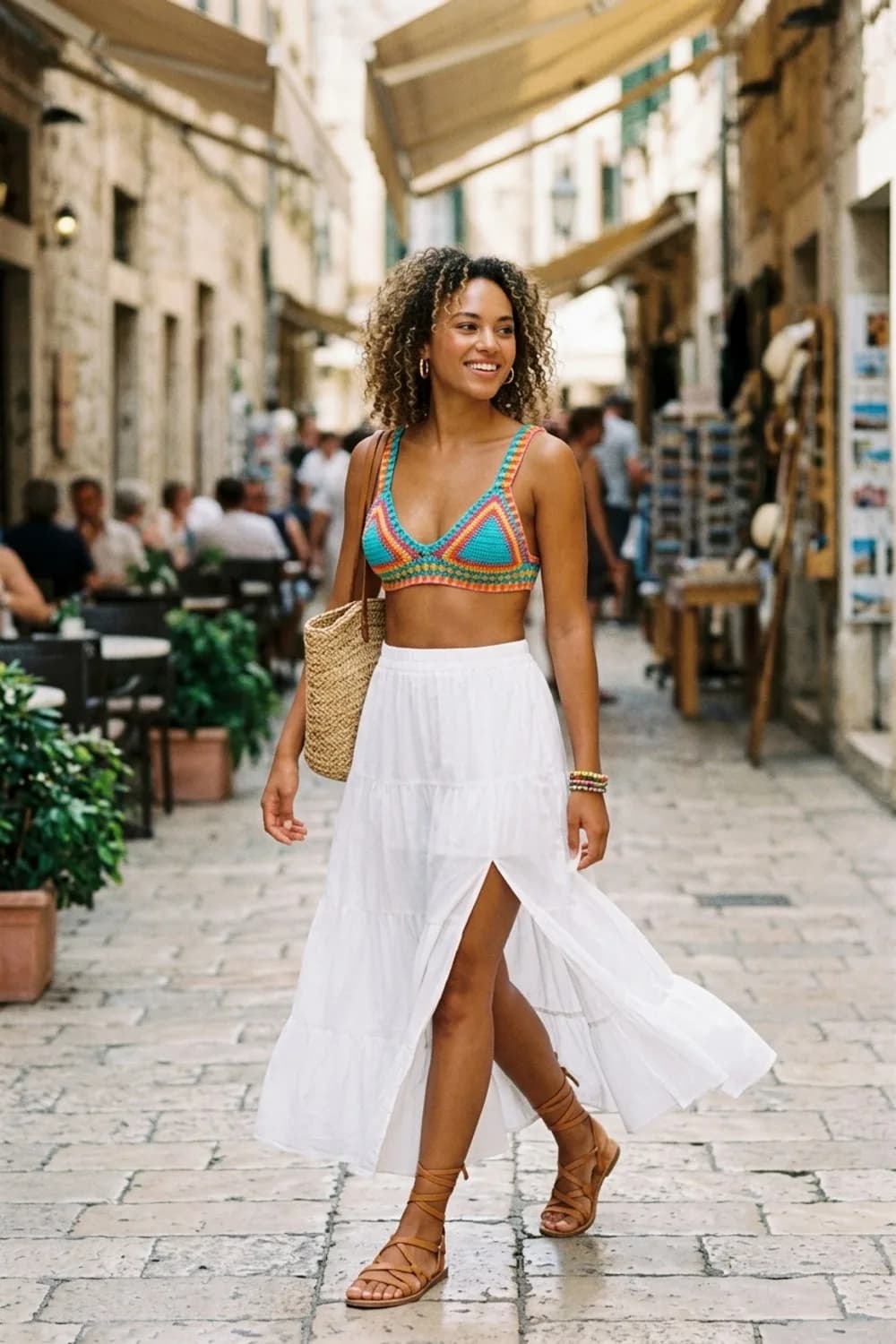 Festival-Party-Look: Buntes Crochet-Bikini-Top, weißer Maxirock und Gladiator-Sandalen – Malle Outfit für Frauen: 9 feiertaugliche Looks für die Party-Insel