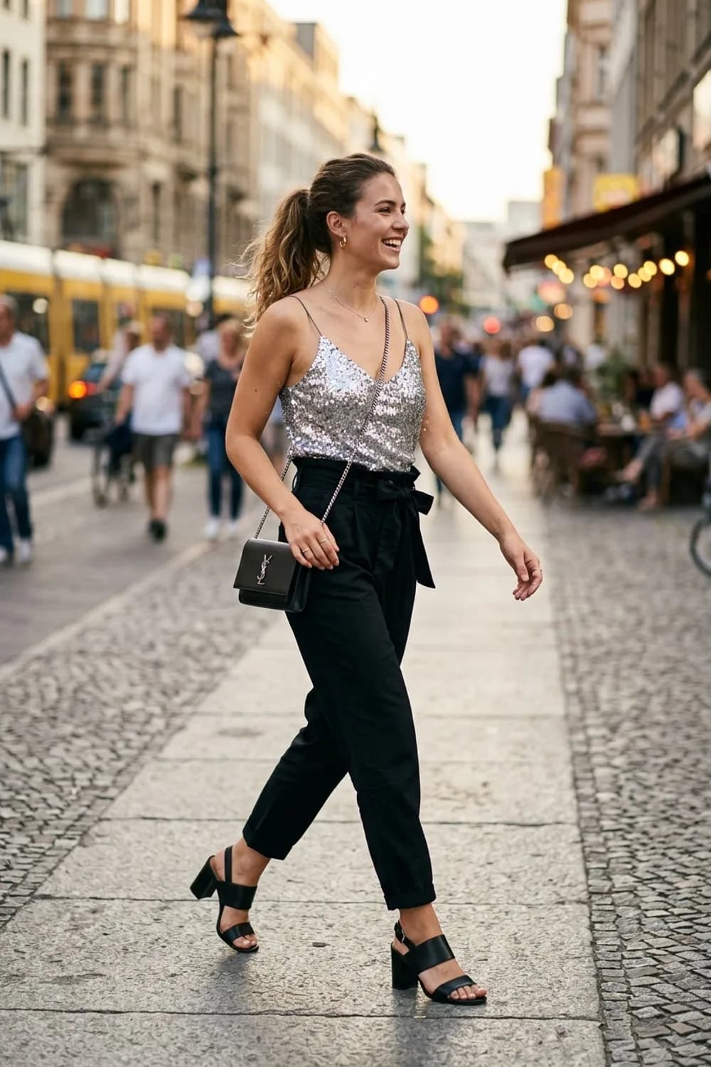 Glitzer-Abend-Look: Silbernes Pailletten-Top, schwarze Paperbag-Hose und Blockabsatz-Sandaletten – Malle Outfit für Frauen: 9 feiertaugliche Looks für die Party-Insel
