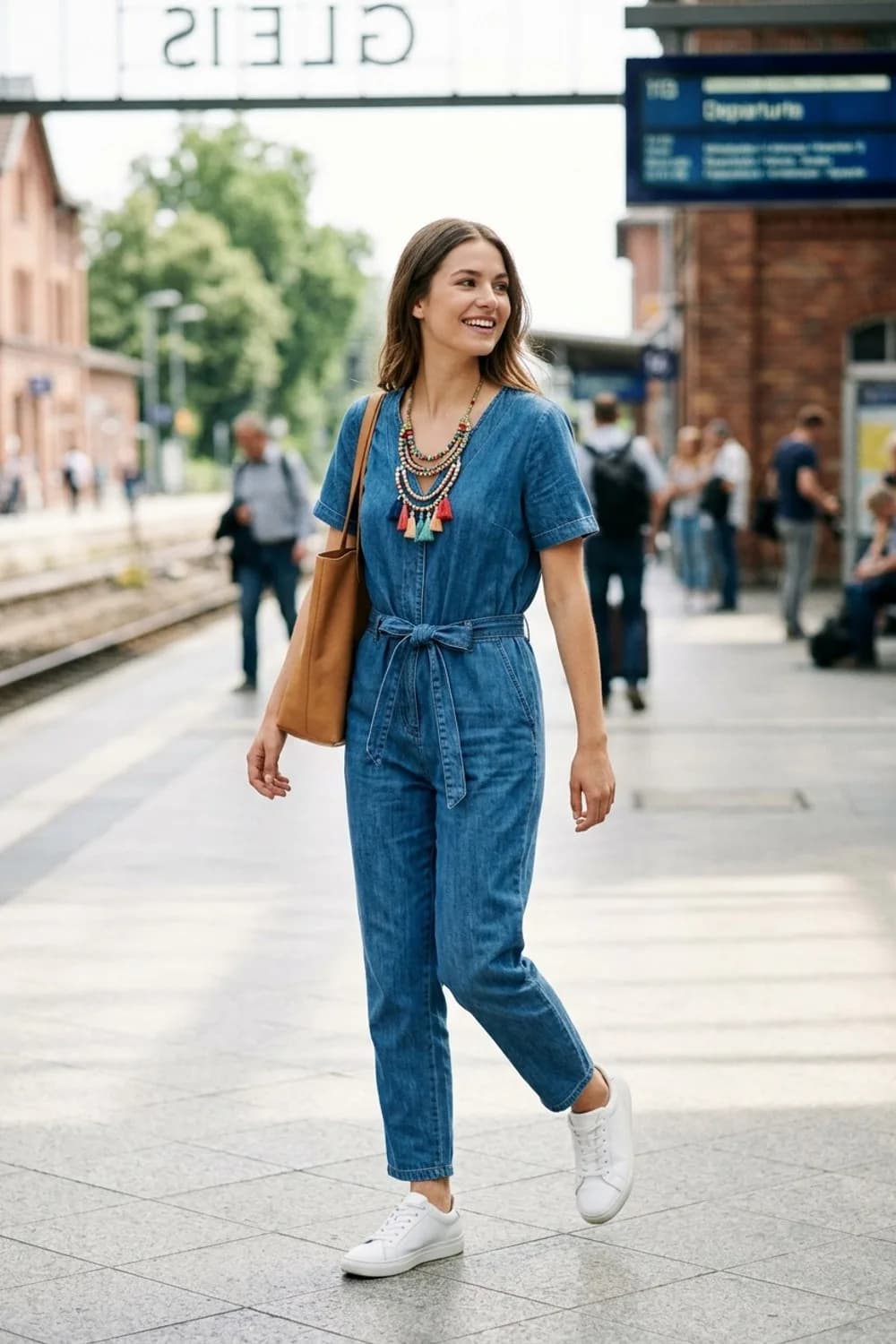 Lässiger Denim-Look: Jeans-Jumpsuit, weiße Sneaker und bunte Statementkette – Malle Outfit für Frauen: 9 feiertaugliche Looks für die Party-Insel