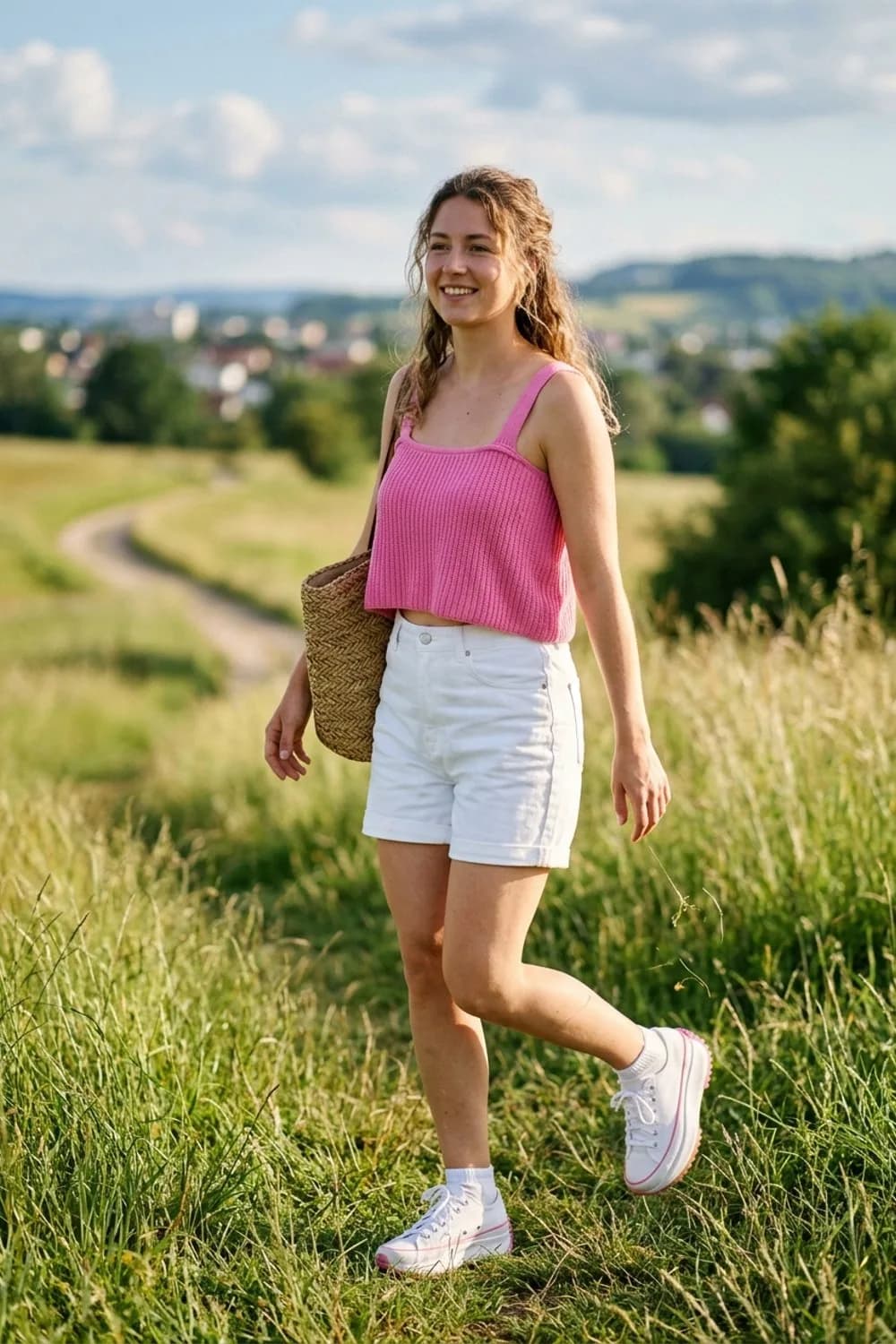Neon-Party-Look: Pinkes Crop-Top, weiße High-Waist-Shorts und Plateau-Sneaker – Malle Outfit für Frauen: 9 feiertaugliche Looks für die Party-Insel