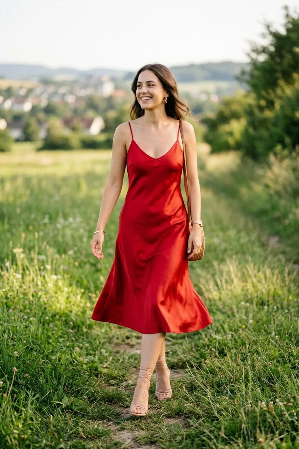 Romantik-Abend-Look: Rotes Satinkleid, Riemchen-High-Heels und goldene Creolen – Malle Outfit für Frauen: 9 feiertaugliche Looks für die Party-Insel