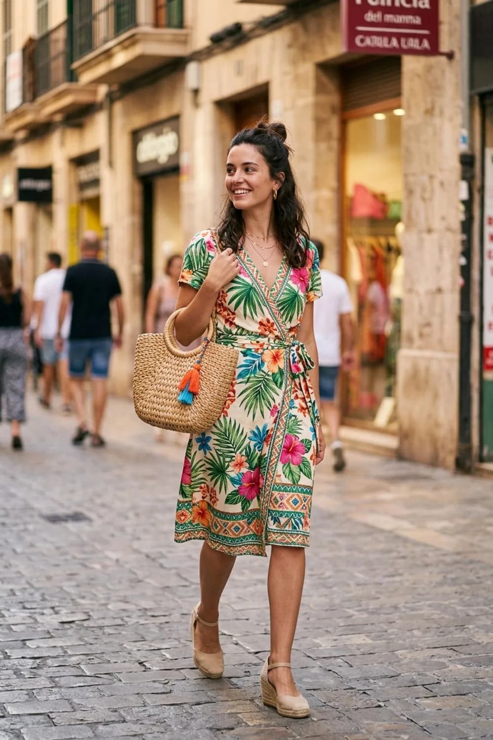 Tropical-Vibes-Look: Buntes Wickelkleid, Keilsandalen und geflochtene Strohtasche – Malle Outfit für Frauen: 9 feiertaugliche Looks für die Party-Insel