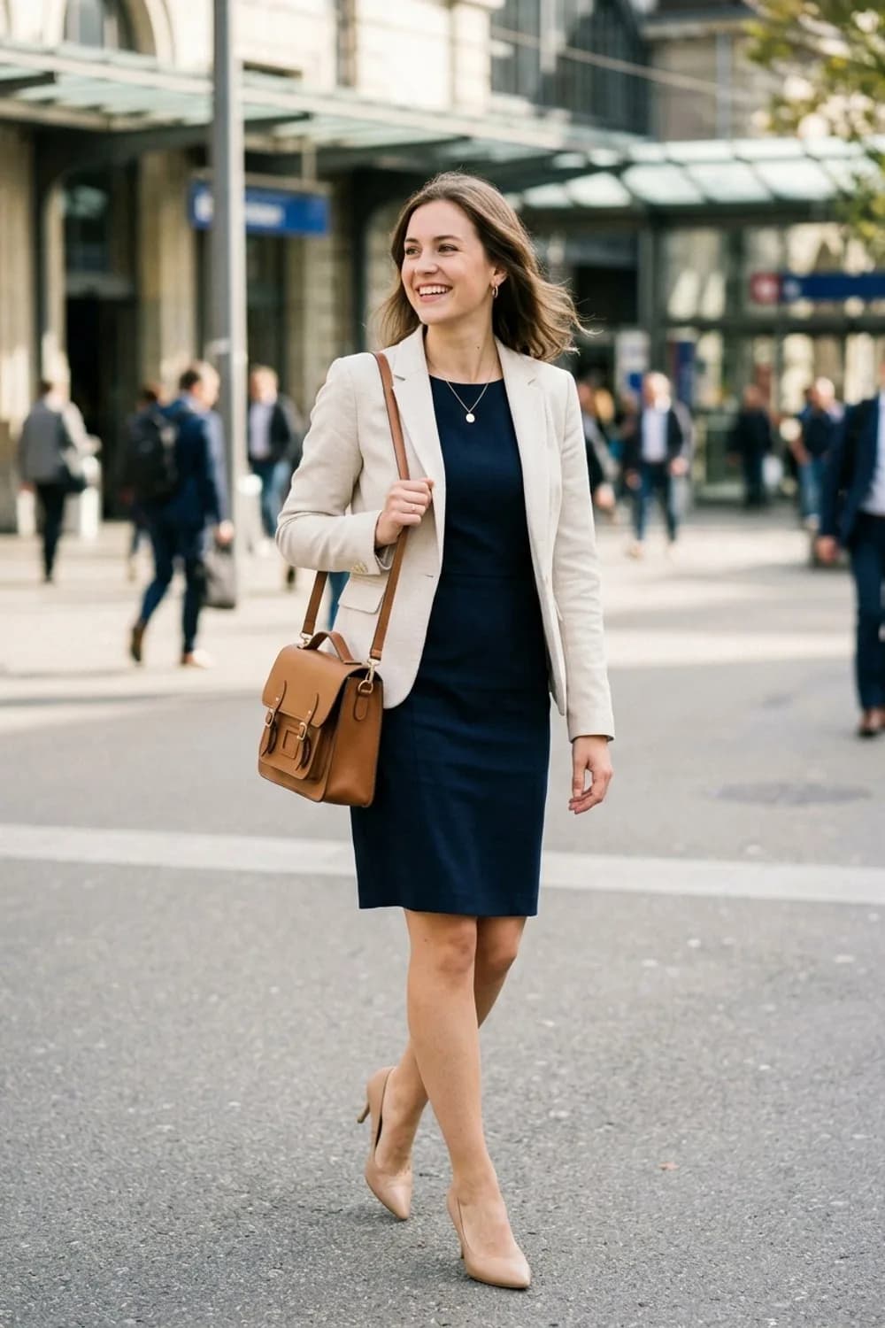 Business-Chic: Taillierter Blazer, nudefarbene Pumps und eine Ledertasche – Dunkelblaues Kleid: 9 elegante Looks mit dem klassischen Farbton