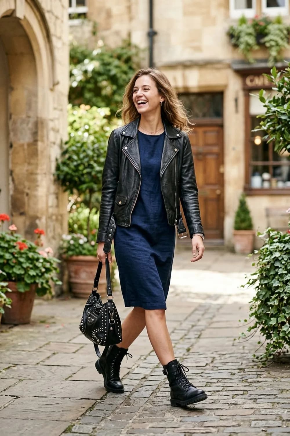 Edgy Kontrast: Schwarze Bikerjacke, derbe Boots und eine Nieten-Tasche – Dunkelblaues Kleid: 9 elegante Looks mit dem klassischen Farbton