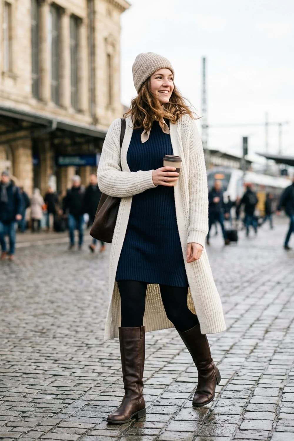 Kuscheliger Winter-Look: Langer Strickcardigan, Thermostrumpfhose und hohe Stiefel – Dunkelblaues Kleid: 9 elegante Looks mit dem klassischen Farbton
