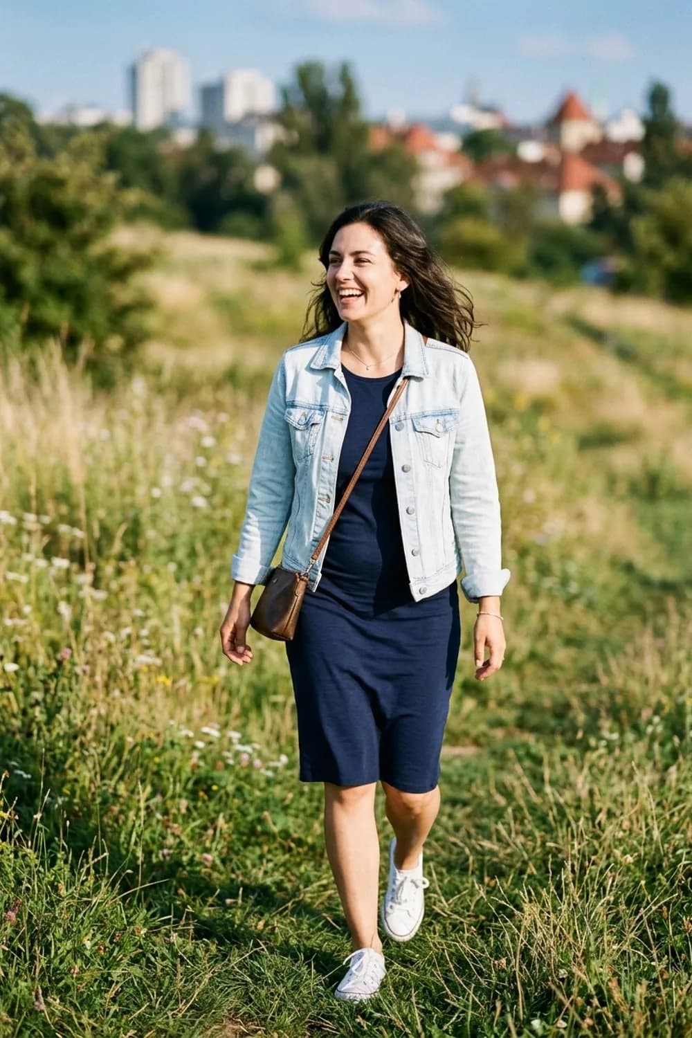 Lässiger Wochenend-Look: Weiße Sneaker, Jeansjacke und eine Crossbody-Bag – Dunkelblaues Kleid: 9 elegante Looks mit dem klassischen Farbton