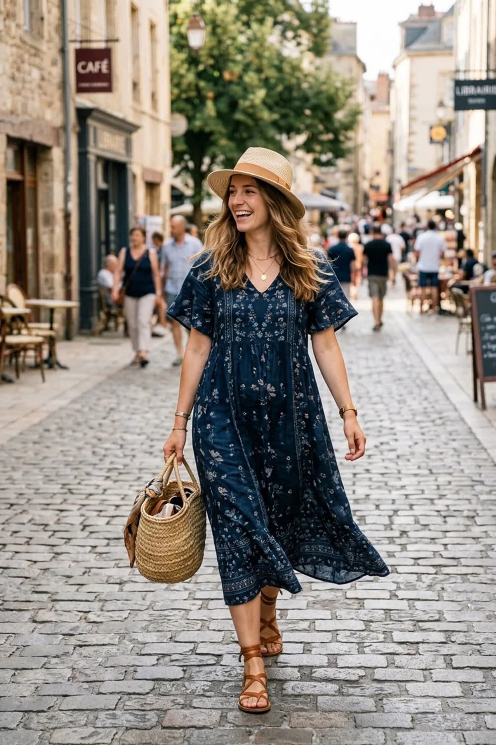 Moderner Boho-Stil: Cognacfarbene Ledersandalen, Korbtasche und ein Strohhut – Dunkelblaues Kleid: 9 elegante Looks mit dem klassischen Farbton