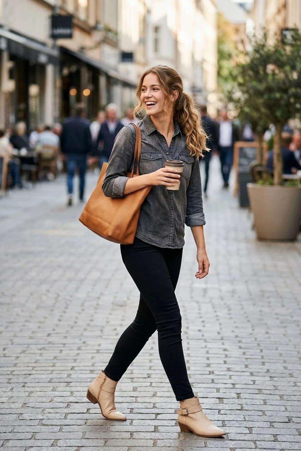 Edgy Denim: Dunkelgraues Jeanshemd, schwarze Skinny-Jeans und spitze beige Stiefeletten – Beige Stiefel: 9 neutrale Outfits, die zu allem passen