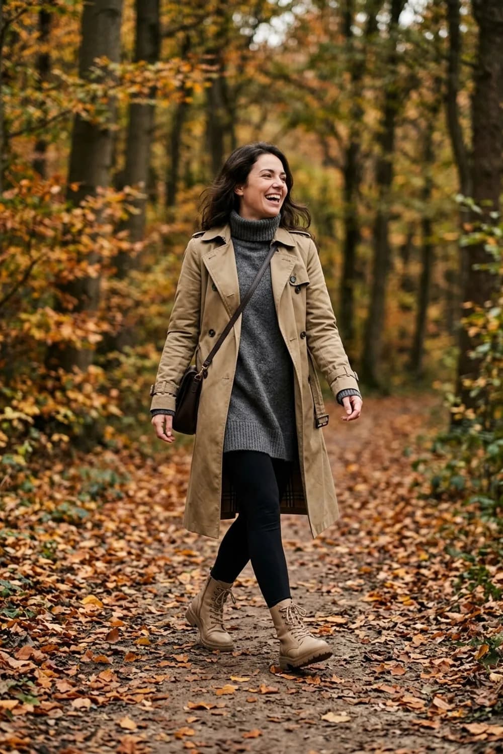 Herbstspaziergang: Khakifarbener Trenchcoat, schwarze Leggings und robuste beige Biker Boots – Beige Stiefel: 9 neutrale Outfits, die zu allem passen