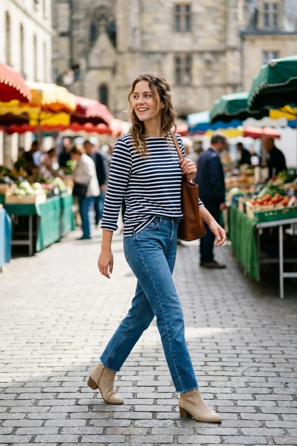 Lässiger Lagenlook: Gestreiftes Langarmshirt, blaue Straight-Leg-Jeans und beige Wildlederstiefel – Beige Stiefel: 9 neutrale Outfits, die zu allem passen