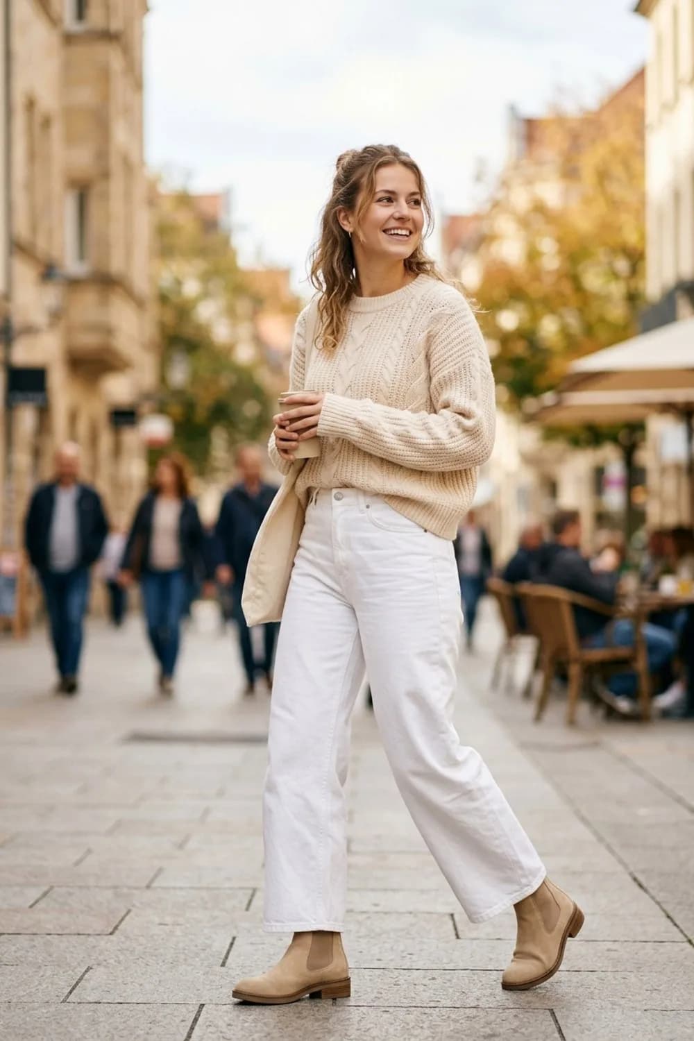 Monochrome Magic: Cremefarbener Strickpullover, weiße Wide-Leg-Jeans und beige Chelsea Boots – Beige Stiefel: 9 neutrale Outfits, die zu allem passen