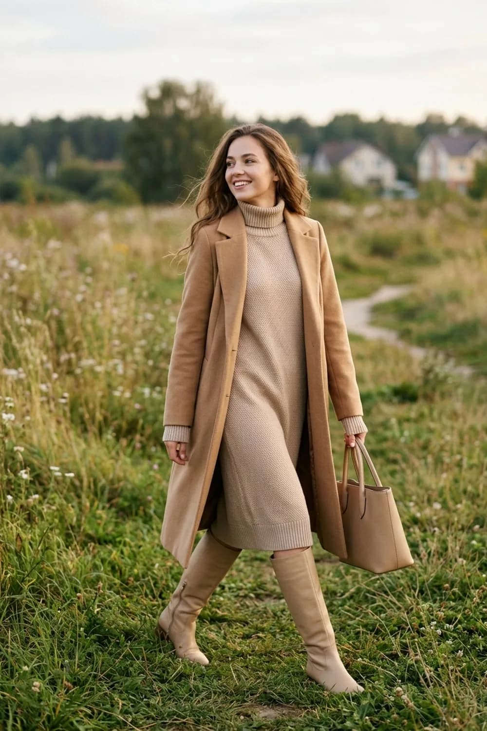 Ton-in-Ton-Traum: Beigefarbenes Strickkleid, Camel-Mantel und hohe beige Stiefel – Beige Stiefel: 9 neutrale Outfits, die zu allem passen
