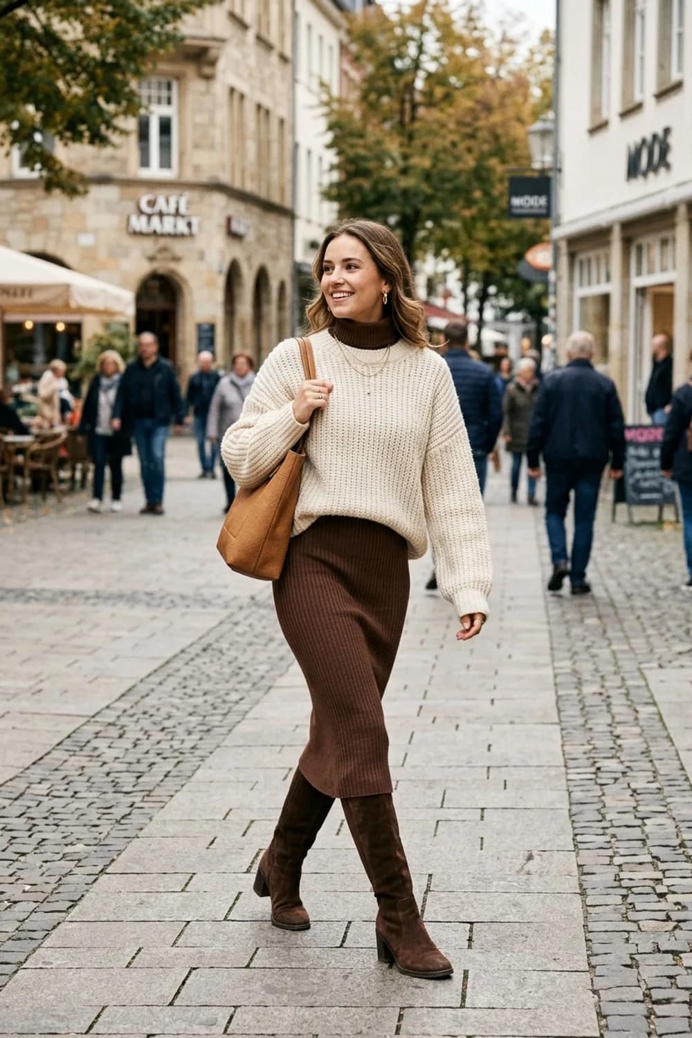 Das winterfeste Layering-Outfit: Braunes Rollkragenkleid, cremefarbener Oversize-Pullover und hohe Stiefel – Figurbetontes Kleid: 9 Outfits, die die Silhouette perfekt in Szene setzen