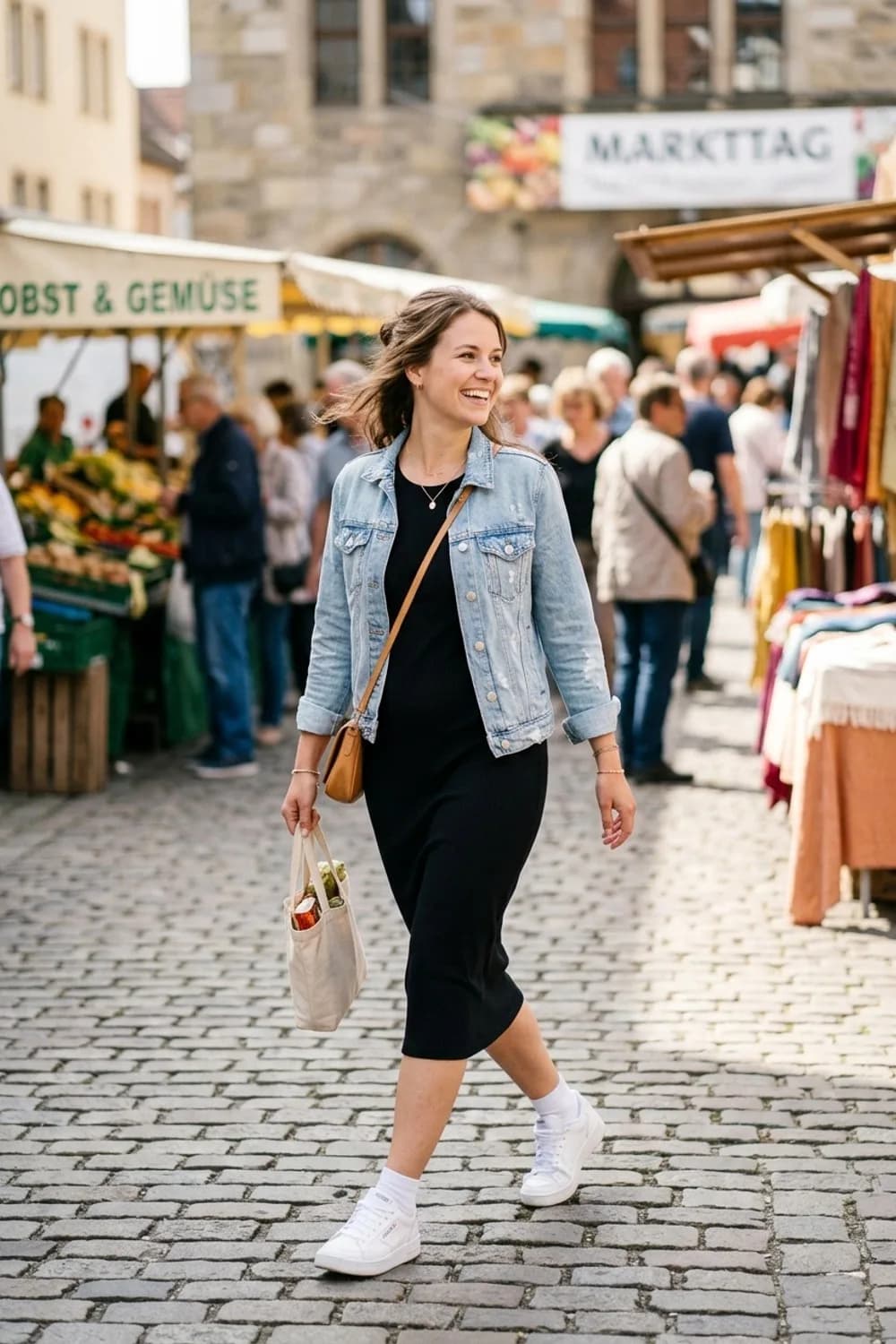 Der lässige Alltags-Look: Schwarzes Midikleid, helle Jeansjacke und weiße Sneaker – Figurbetontes Kleid: 9 Outfits, die die Silhouette perfekt in Szene setzen