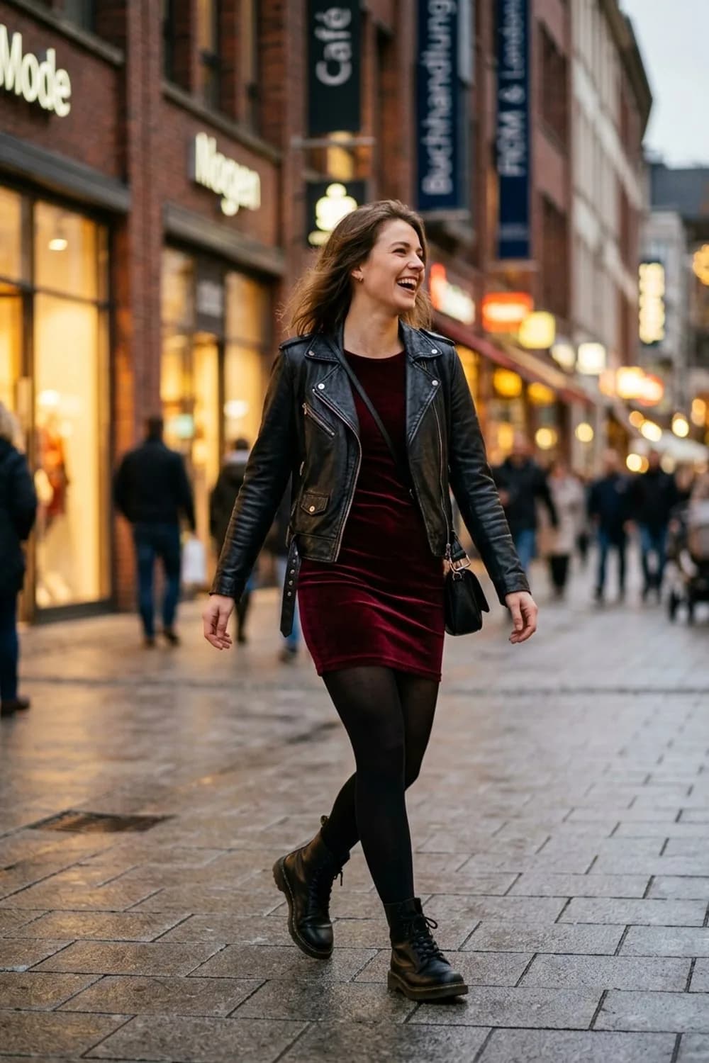 Der rockige Abend-Look: Bordeauxrotes Minikleid, schwarze Bikerjacke und derbe Boots – Figurbetontes Kleid: 9 Outfits, die die Silhouette perfekt in Szene setzen