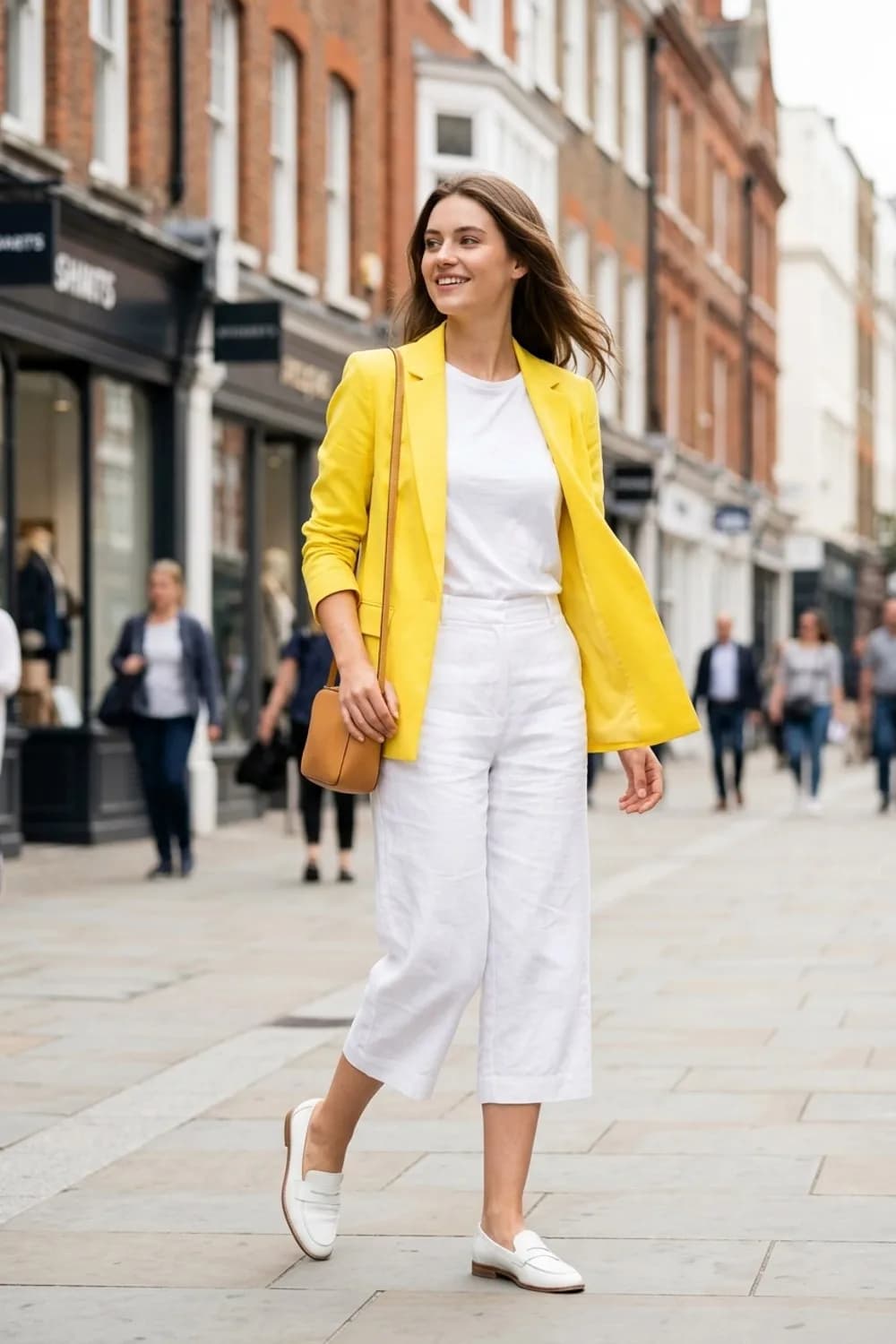 All-White-Statement: Weißes T-Shirt, weiße Culotte und weiße Loafer – Gelber Blazer: 9 sonnige Outfits, die gute Laune machen