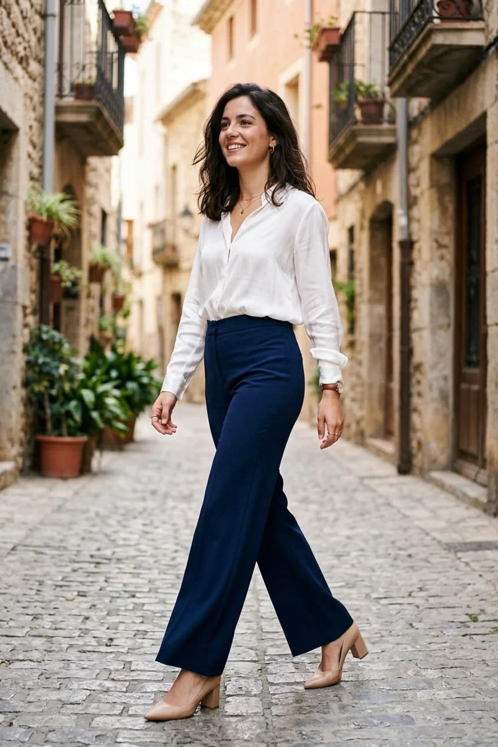 Business-Chic: Weiße Seidenbluse, marineblaue Marlene-Hose und nudefarbene Pumps – Gelber Blazer: 9 sonnige Outfits, die gute Laune machen