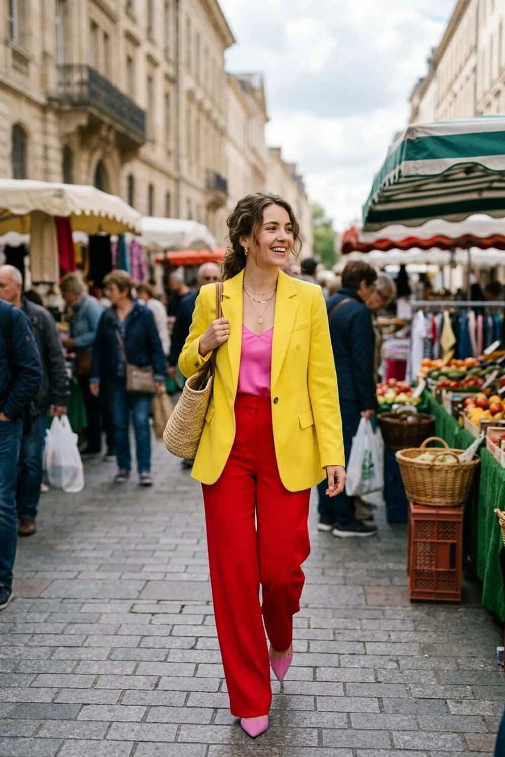 Colour-Blocking-Mut: Pinkes Seidentop, rote Wide-Leg-Hose und spitze Pumps – Gelber Blazer: 9 sonnige Outfits, die gute Laune machen