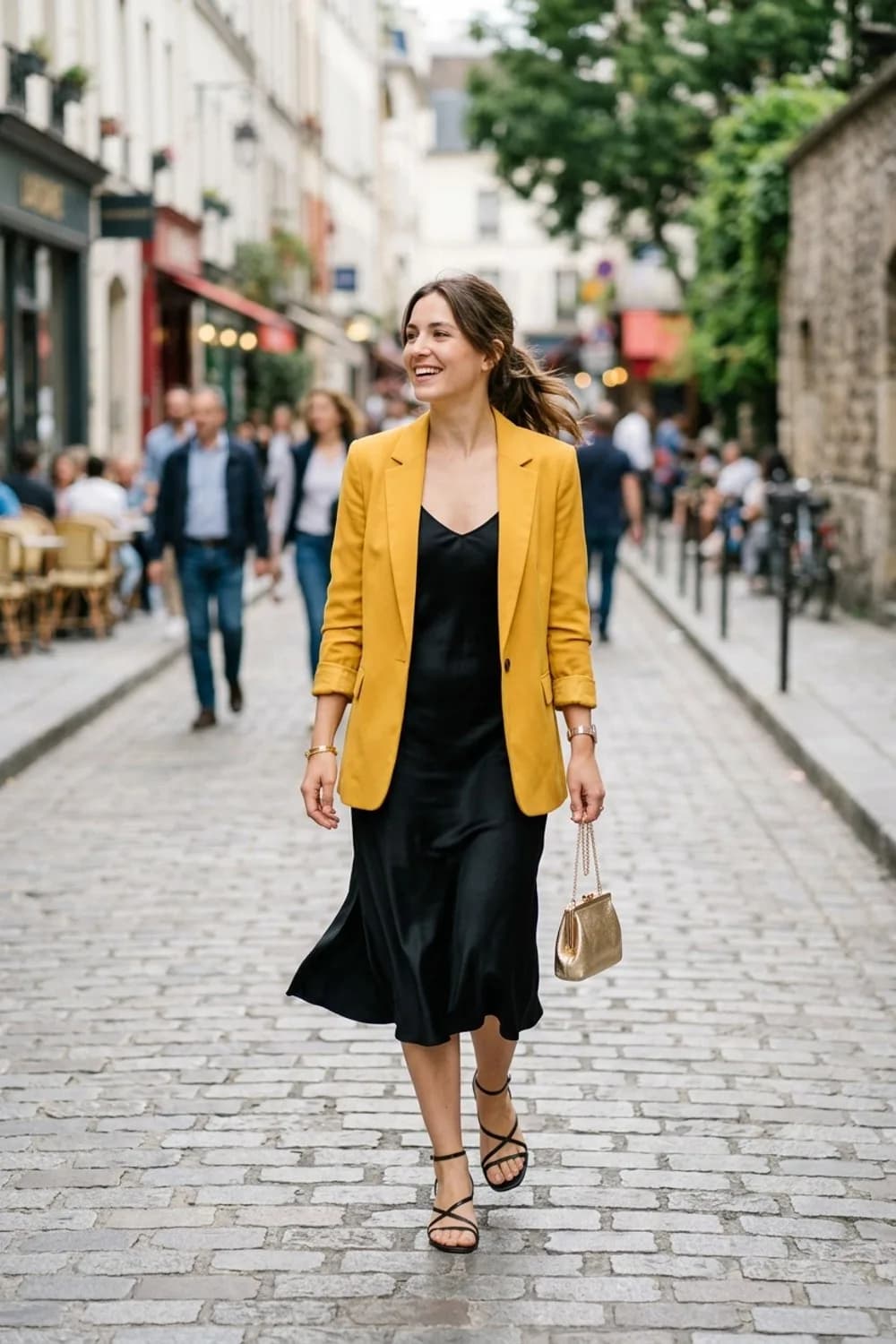 Date-Night-Glamour: Schwarzes Satin-Trägerkleid, filigrane Riemchensandalen und eine goldene Clutch – Gelber Blazer: 9 sonnige Outfits, die gute Laune machen