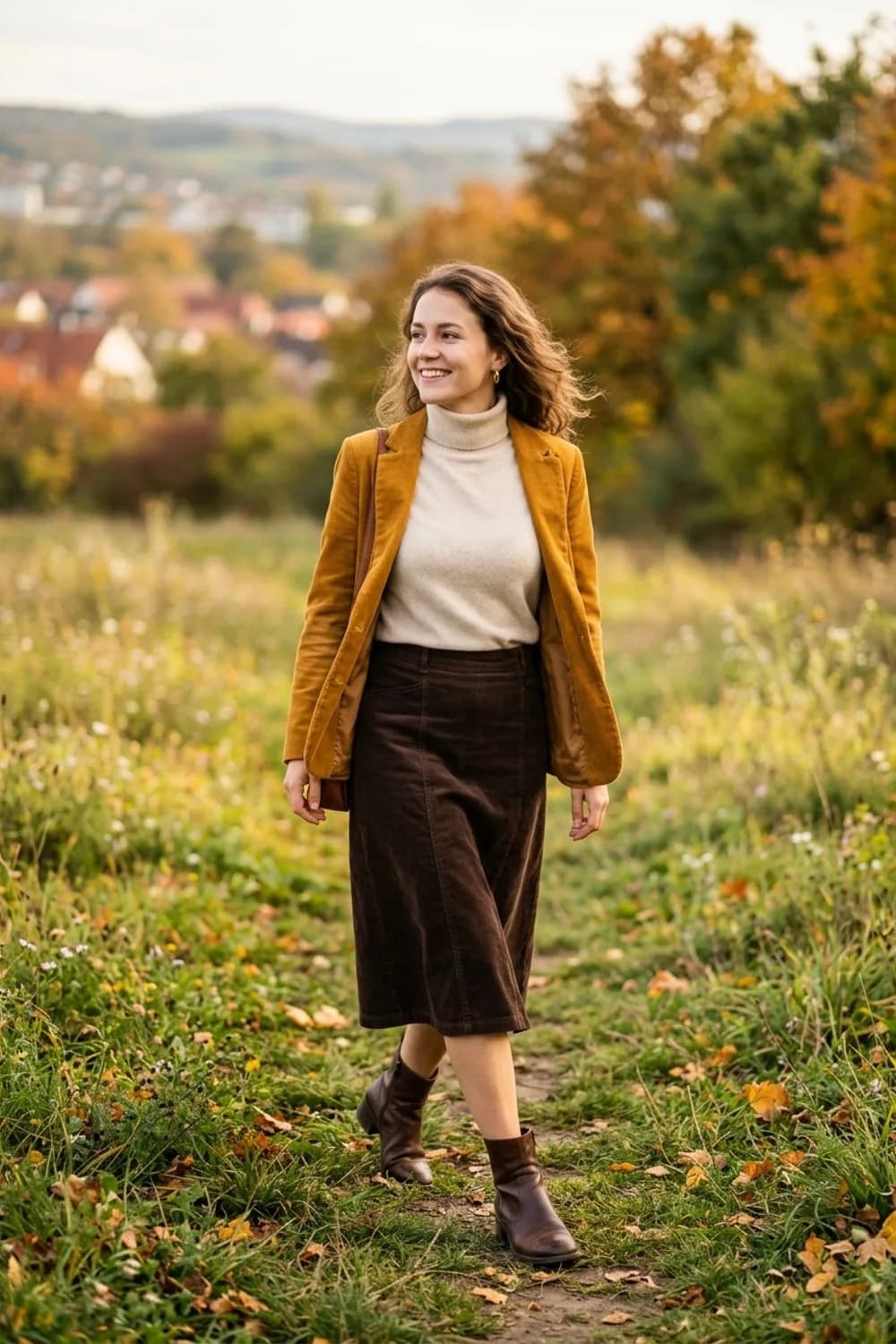 Herbstlicher Lagenlook: Cremefarbener Rollkragenpullover, dunkelbrauner Cordrock und Stiefeletten – Gelber Blazer: 9 sonnige Outfits, die gute Laune machen