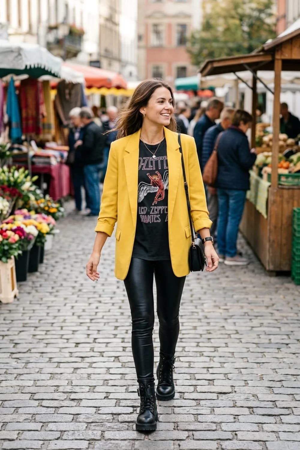 Rockig & Cool: Schwarzes Band-T-Shirt, schwarze Lederleggings und klobige Biker-Boots – Gelber Blazer: 9 sonnige Outfits, die gute Laune machen