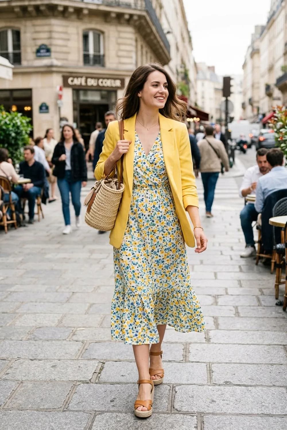 Sommerfest-Eleganz: Geblümtes Midikleid, Keilabsatz-Sandalen und eine Korbtasche – Gelber Blazer: 9 sonnige Outfits, die gute Laune machen