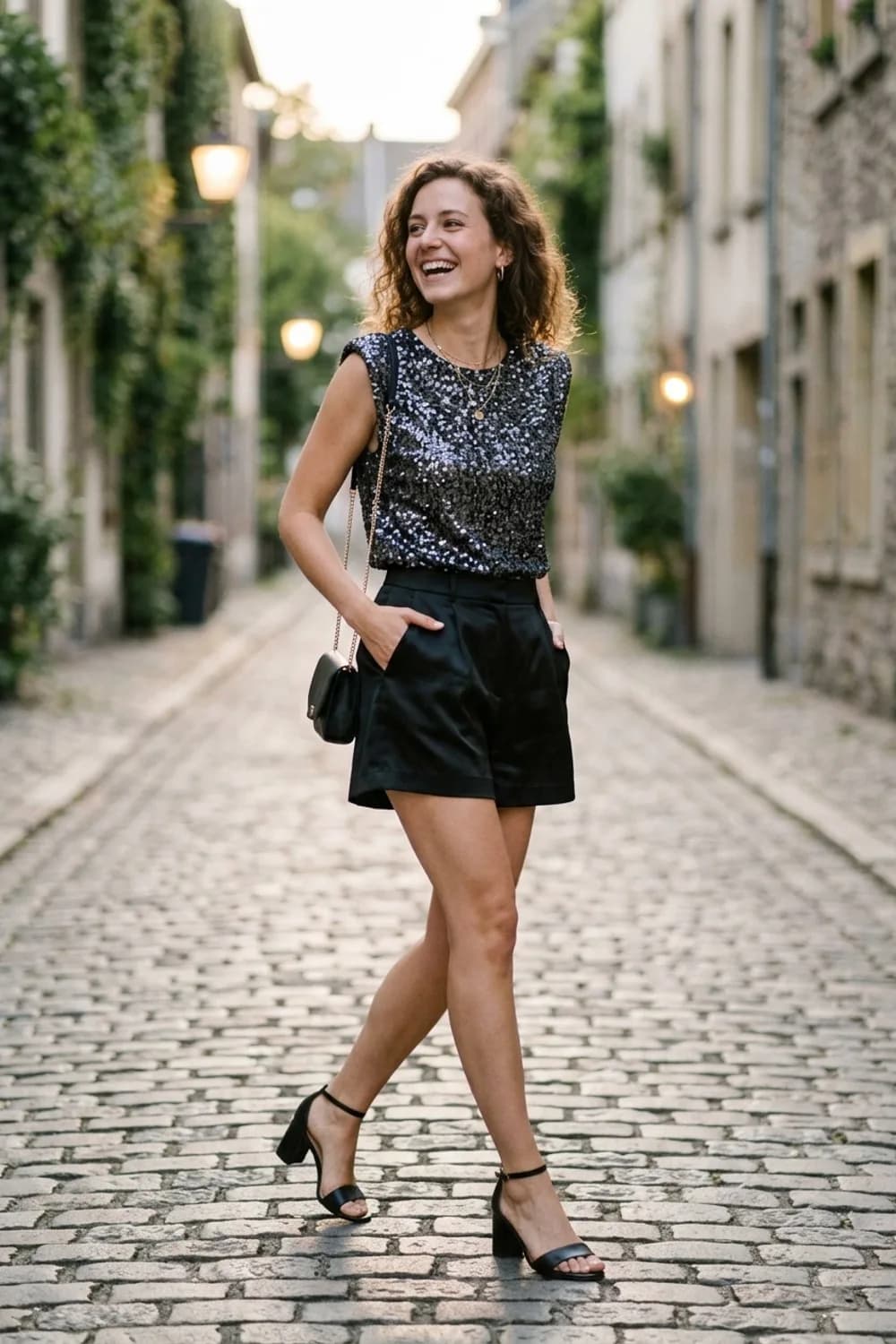 Ausgehfein: Schwarze Satin-Shorts, Pailletten-Top und schwarze High Heels – Shorts: 11 sommerliche Outfits für heiße Tage