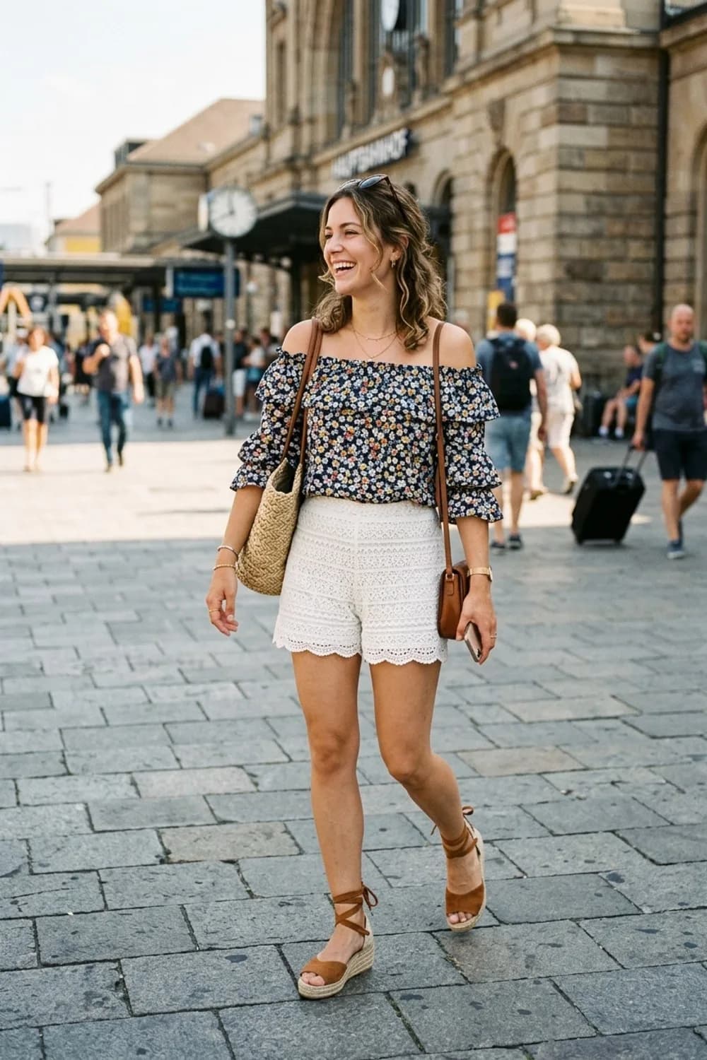 Boho-Vibes: Weiße Häkel-Shorts, geblümtes Off-Shoulder-Top und Keilsandalen – Shorts: 11 sommerliche Outfits für heiße Tage
