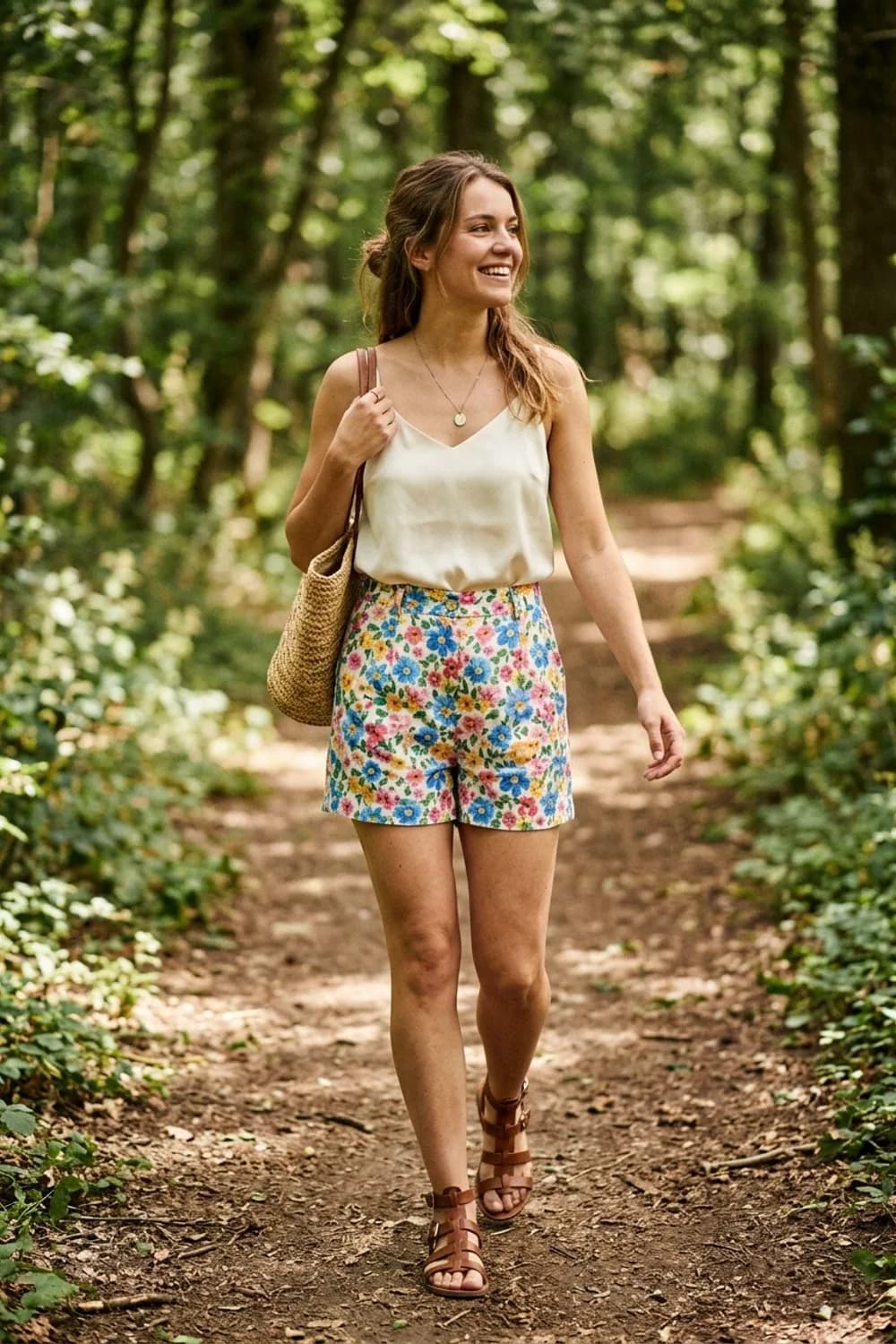 Feminin & Verspielt: High-Waist-Shorts mit Blumenprint, Seidentop und Riemchensandalen – Shorts: 11 sommerliche Outfits für heiße Tage