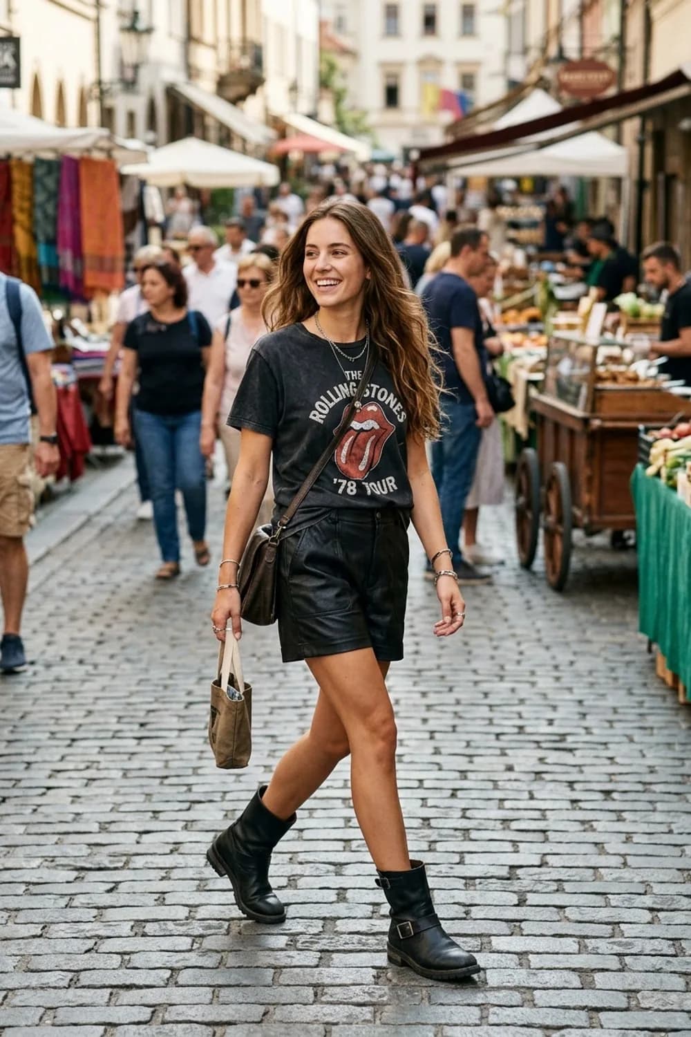 Rockig & Cool: Schwarze Leder-Shorts, Vintage-T-Shirt und Biker-Boots – Shorts: 11 sommerliche Outfits für heiße Tage