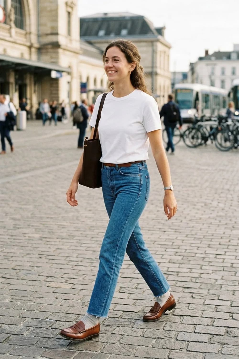Casual-Chic: Weißes T-Shirt, Straight-Leg Jeans und braune Loafer – Roter Blazer: 9 mutige Outfits für Frauen, die auffallen wollen
