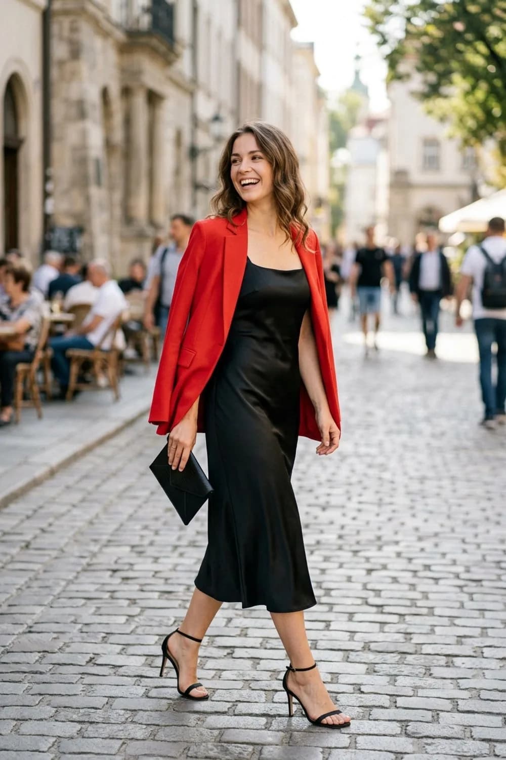 Date-Night-Glamour: Kleines Schwarzes, filigrane Riemchensandaletten und eine Clutch – Roter Blazer: 9 mutige Outfits für Frauen, die auffallen wollen