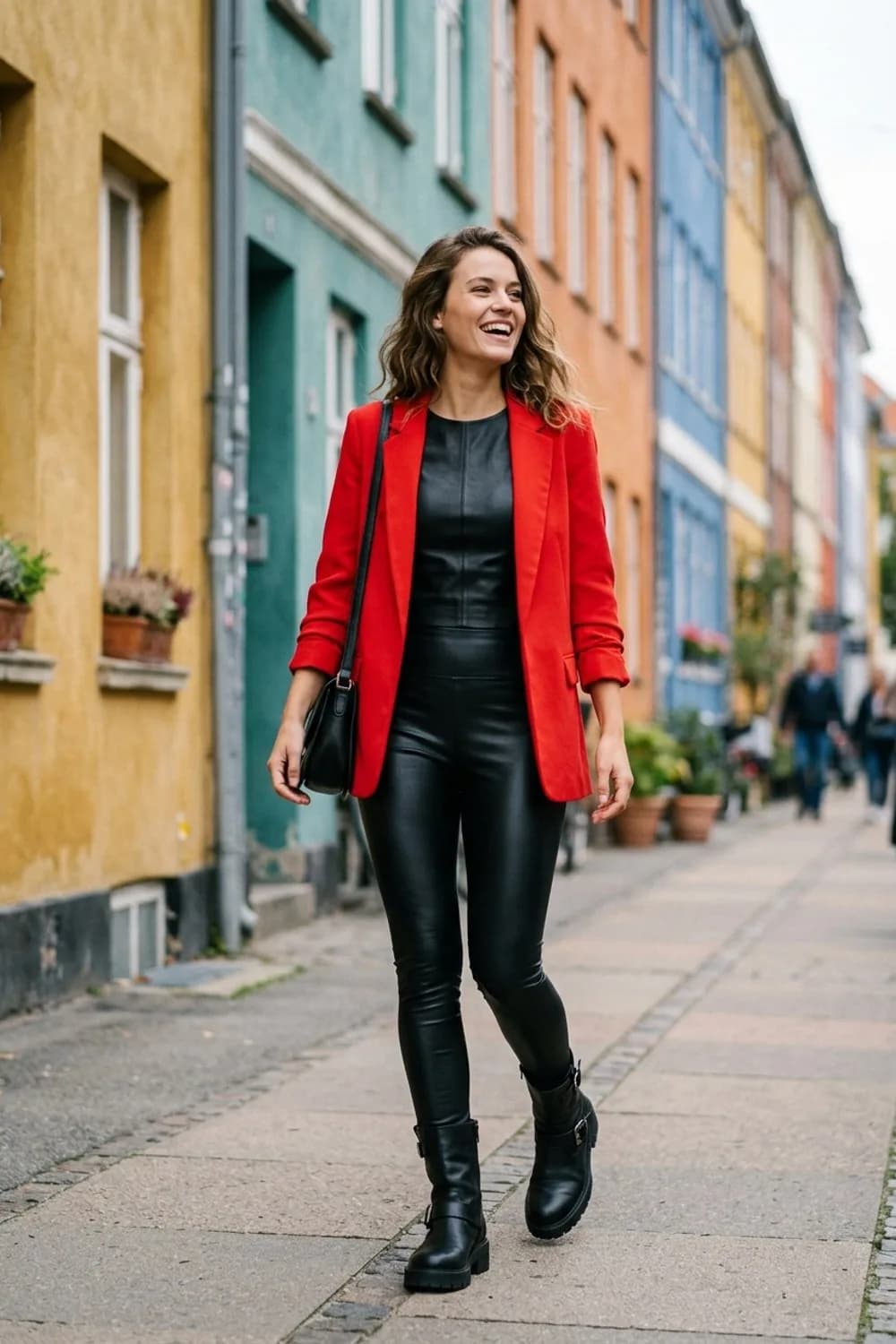 Edgy-Kontrast: Schwarzes Leder-Top, schwarze Lederleggings und klobige Biker-Boots – Roter Blazer: 9 mutige Outfits für Frauen, die auffallen wollen