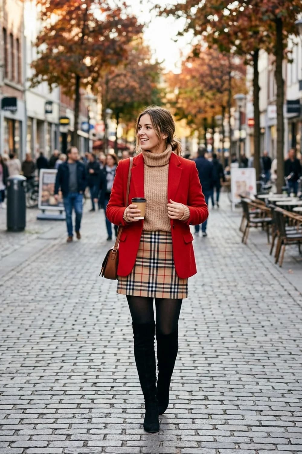 Herbst-Look: Beiger Rollkragenpullover, karierter Minirock und schwarze Overknee-Stiefel – Roter Blazer: 9 mutige Outfits für Frauen, die auffallen wollen