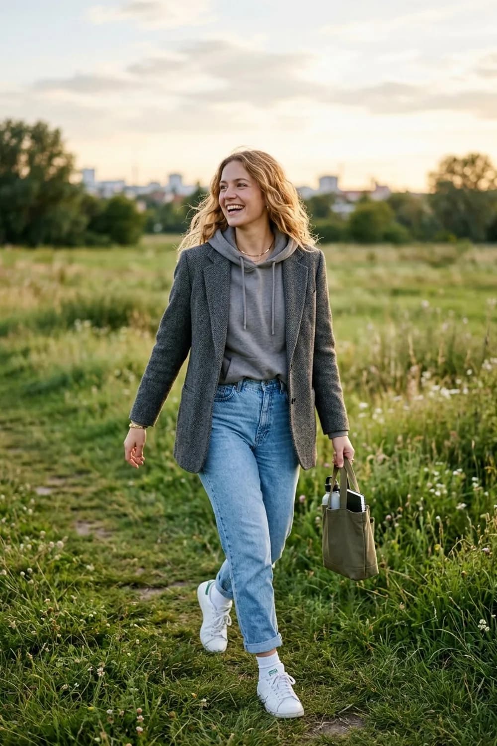 Lässig am Wochenende: Grauer Hoodie, helle Mom-Jeans und weiße Sneaker – Roter Blazer: 9 mutige Outfits für Frauen, die auffallen wollen