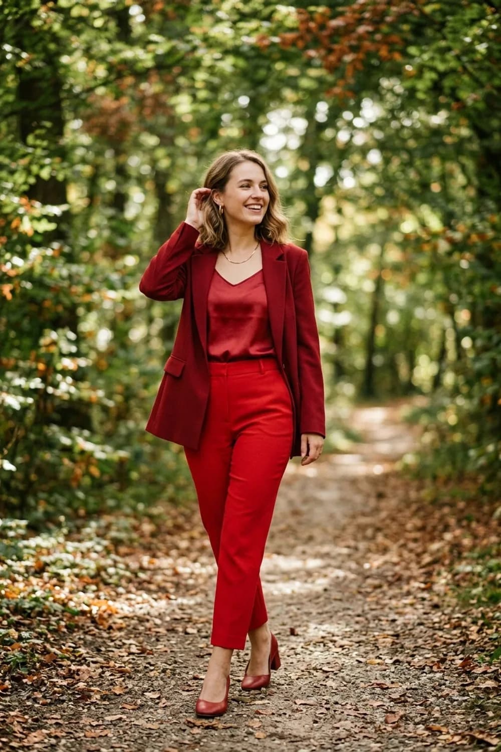 Monochrom-Statement: Rote Stoffhose, rotes Seidentop und rote Heels – Roter Blazer: 9 mutige Outfits für Frauen, die auffallen wollen