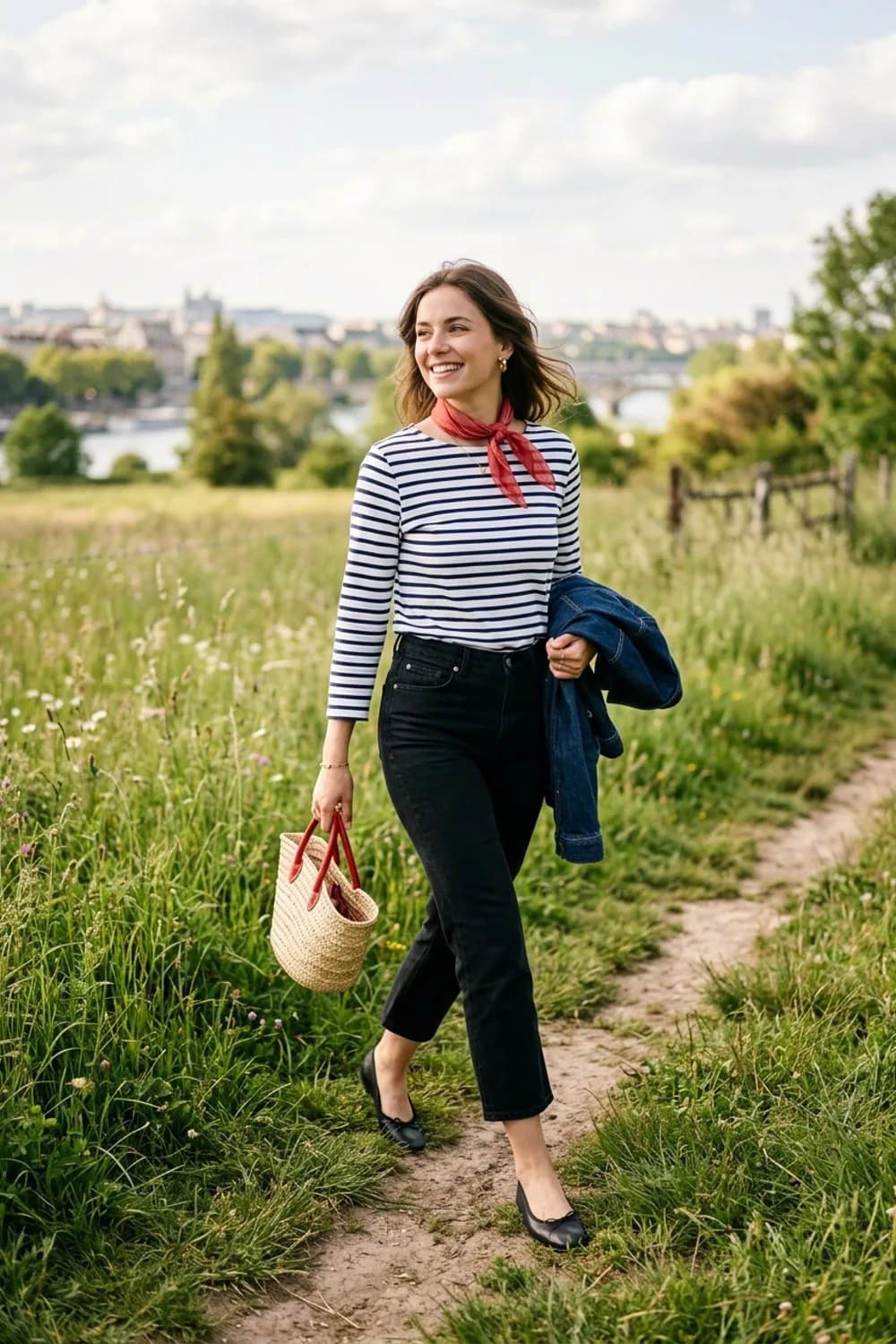 Parisian-Flair: Gestreiftes Langarmshirt, schwarze Cropped-Jeans und Ballerinas – Roter Blazer: 9 mutige Outfits für Frauen, die auffallen wollen