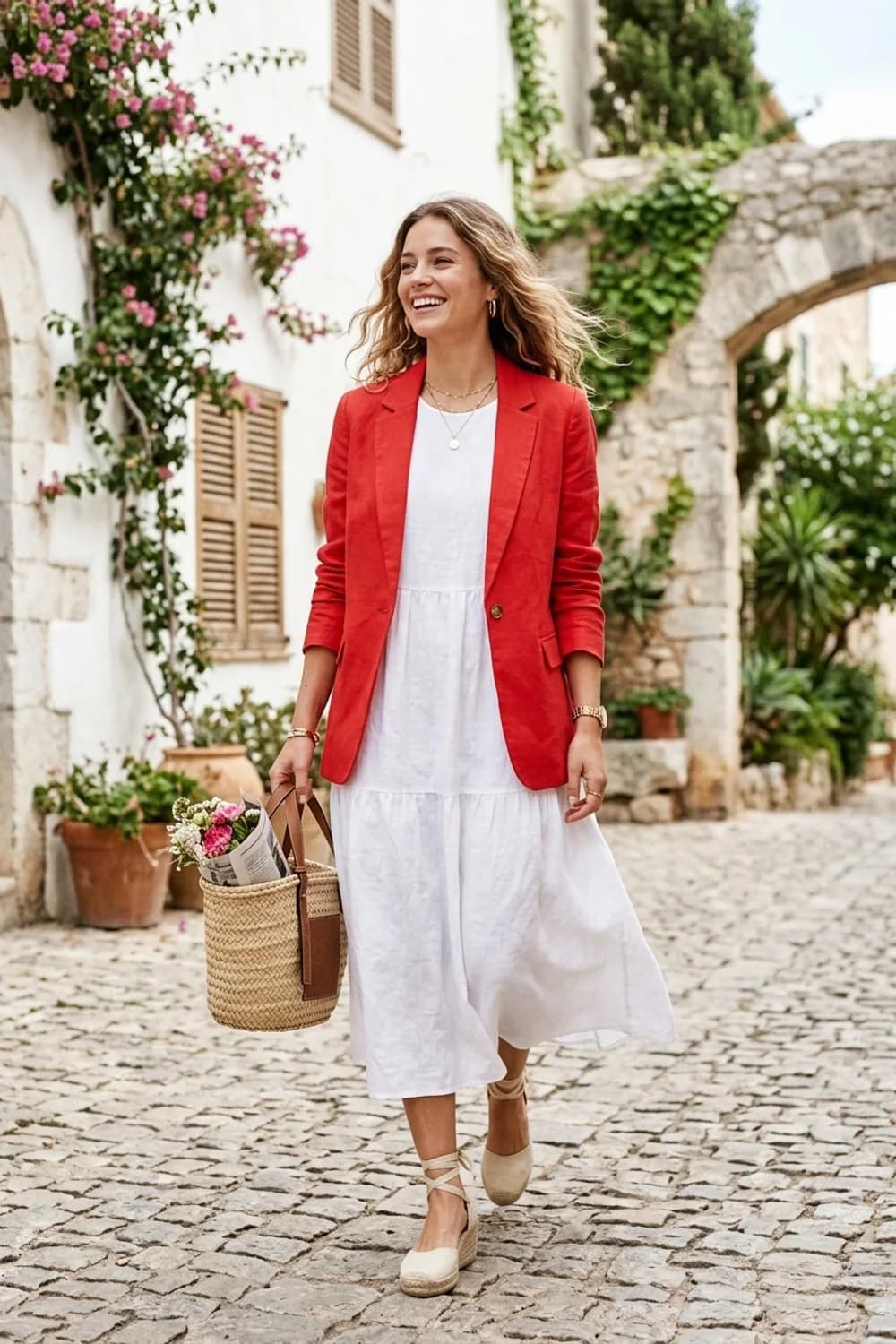 Sommerbrise: Weißes Leinenkleid, Espadrilles mit Keilabsatz und eine Korbtasche – Roter Blazer: 9 mutige Outfits für Frauen, die auffallen wollen