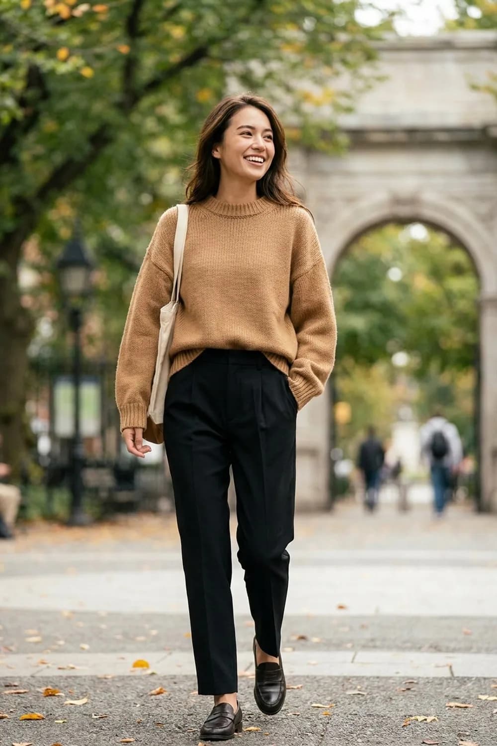 Brunch-Ready: Oversize-Strickpullover in Camel, schwarze Bundfaltenhose und Loafer – Schwarze weite Hose: 9 elegante Outfits mit dem Trendschnitt