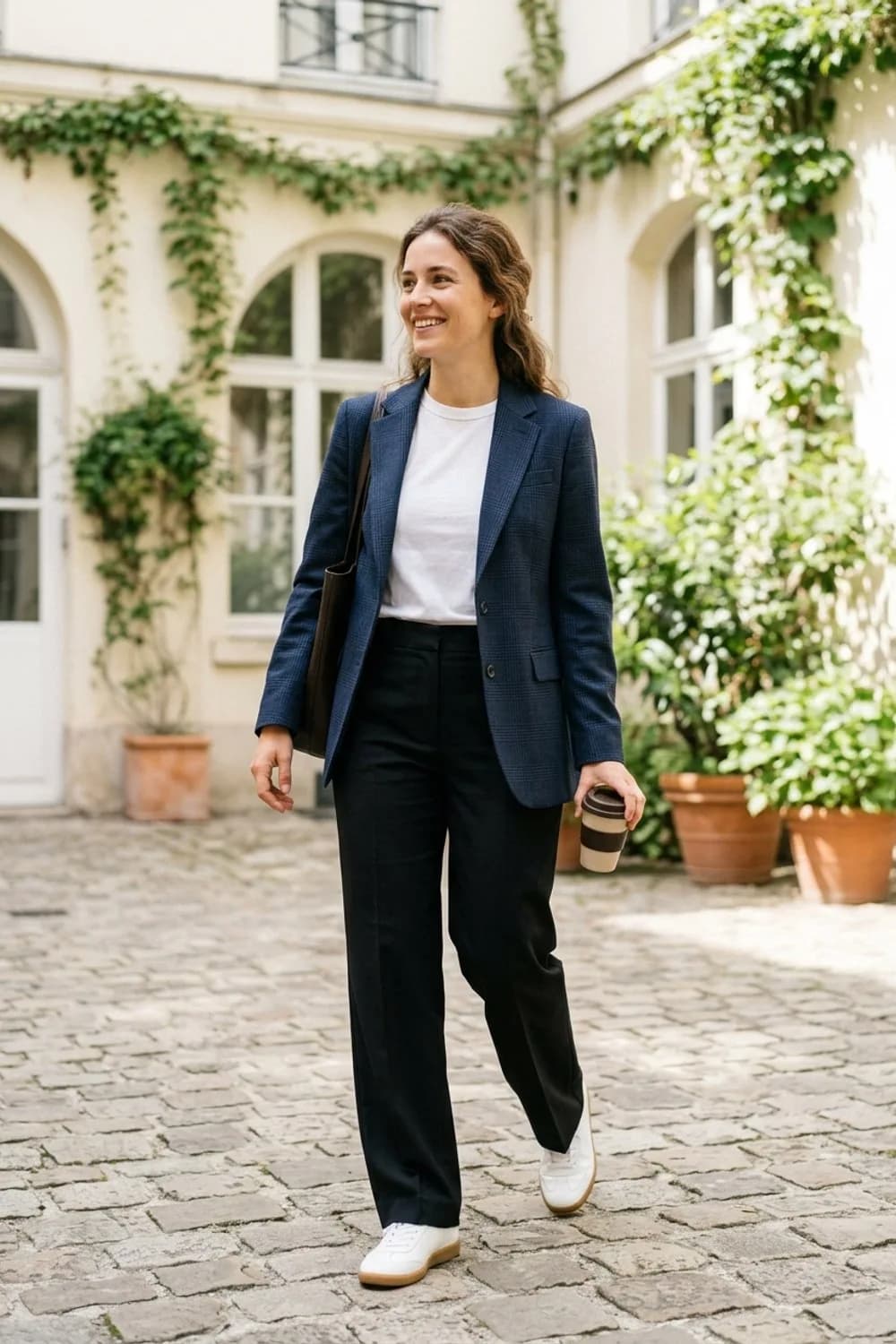 Business-Klassiker: Taillierter Blazer, schlichtes T-Shirt und schwarze Anzughose – Schwarze weite Hose: 9 elegante Outfits mit dem Trendschnitt