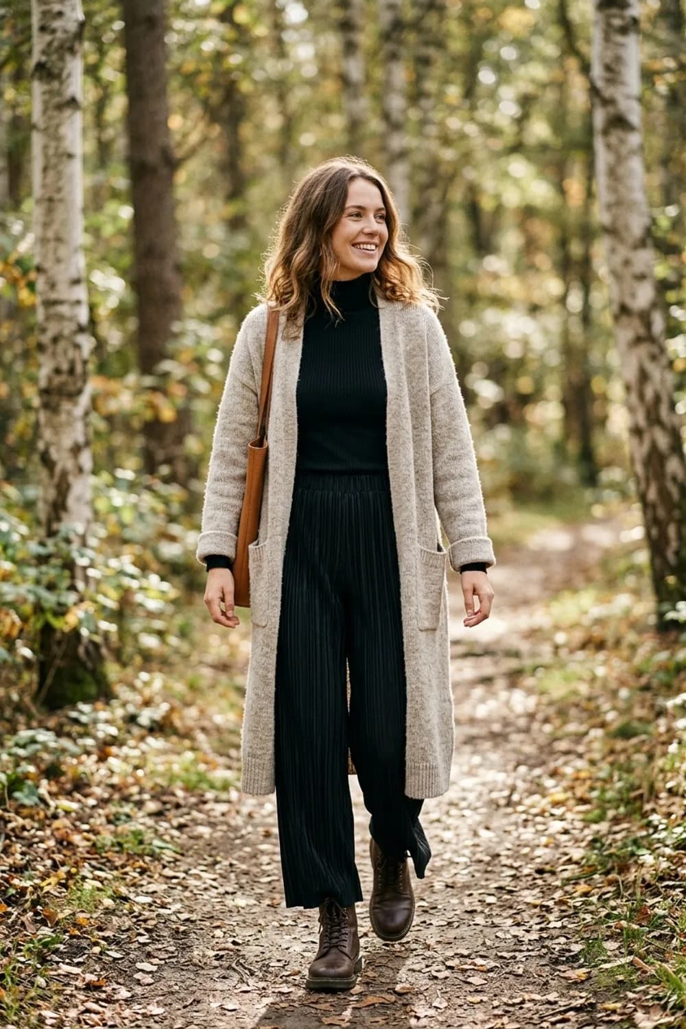 Layering-Liebe: Rollkragenpullover, langer Cardigan und schwarze Plissee-Hose – Schwarze weite Hose: 9 elegante Outfits mit dem Trendschnitt