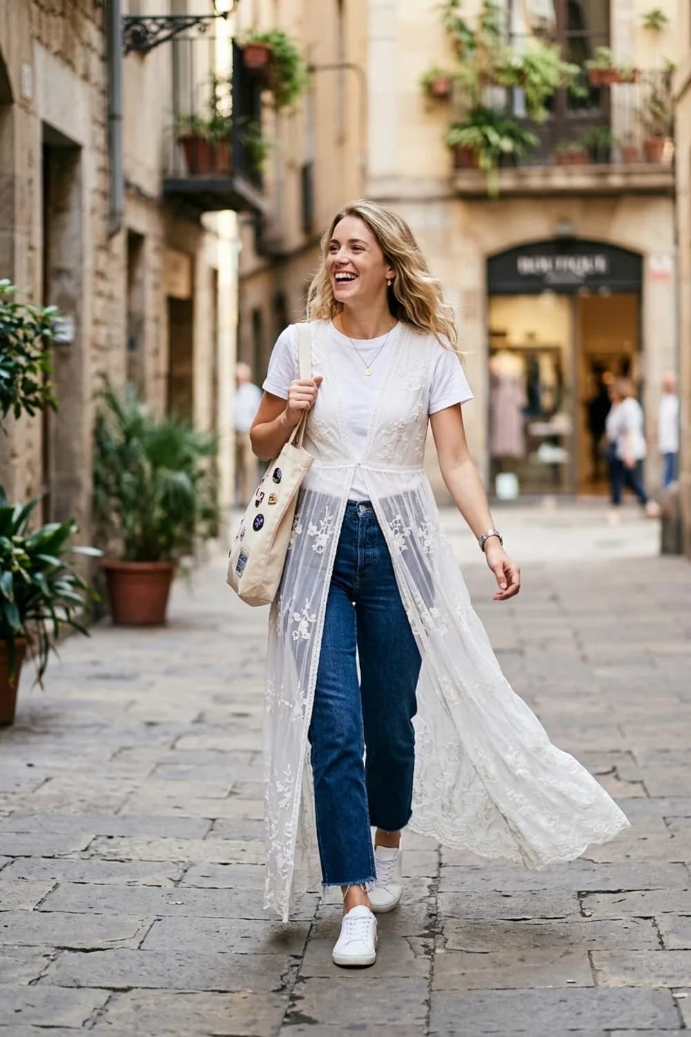 Alltags-Look: Langes transparentes Kleid, Blue Jeans und weißes Basic-Shirt – Transparentes Kleid tragen: 9 mutige Looks, die trotzdem stilvoll sind