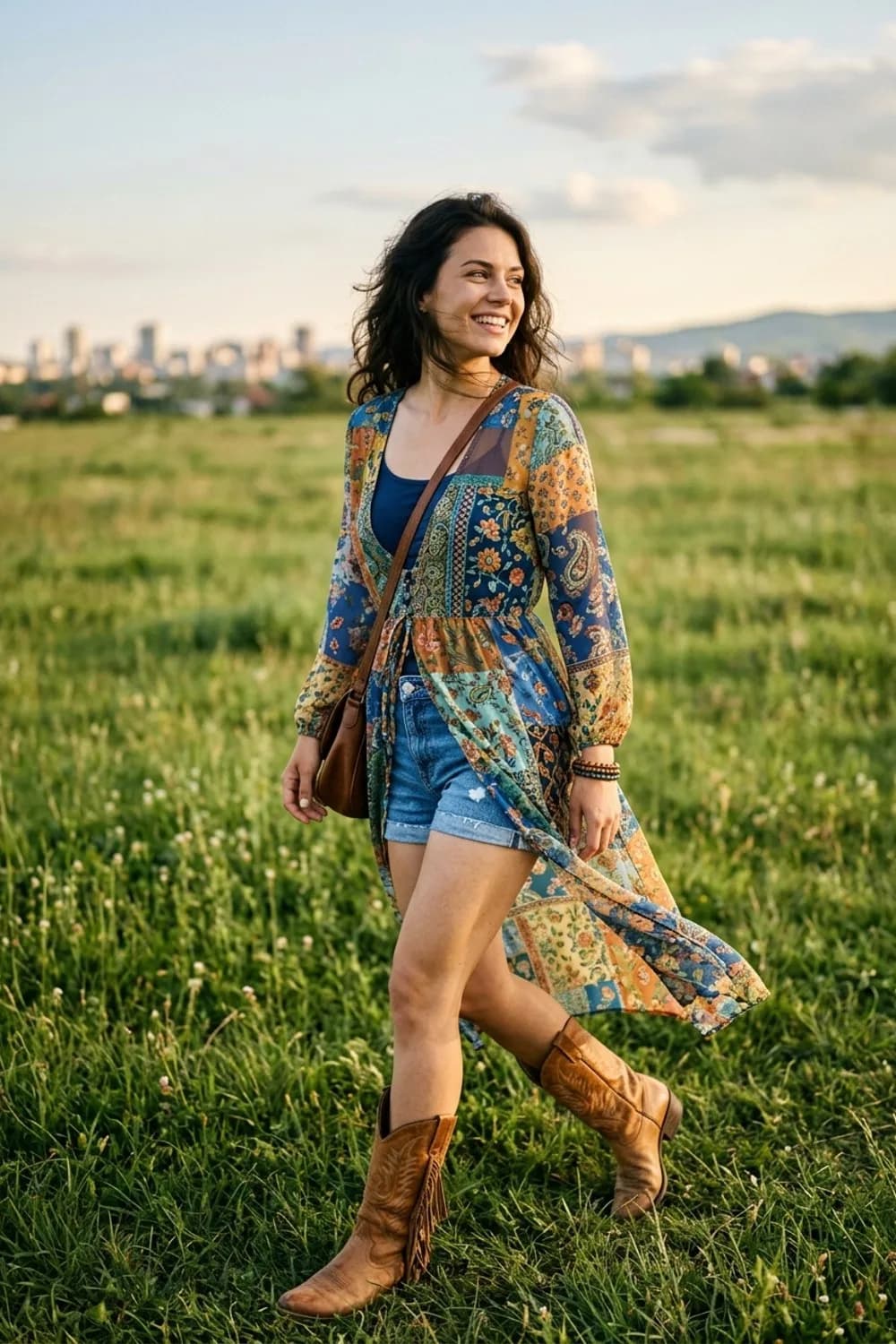 Festival-Look: Buntes transparentes Kleid, Jeans-Shorts und Cowboy-Stiefel – Transparentes Kleid tragen: 9 mutige Looks, die trotzdem stilvoll sind