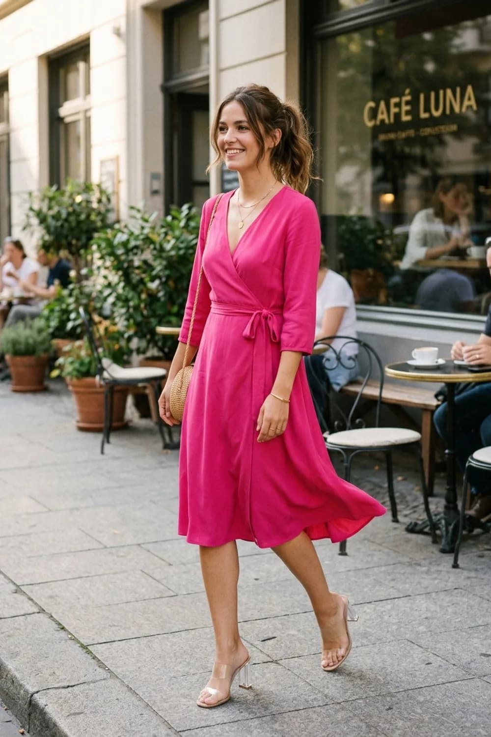 Knallfarben-Statement: Leuchtend pinkes Wickelkleid, transparente Heels und minimalistischer Schmuck – Party Kleid: 9 mitreißende Looks für unvergessliche Nächte