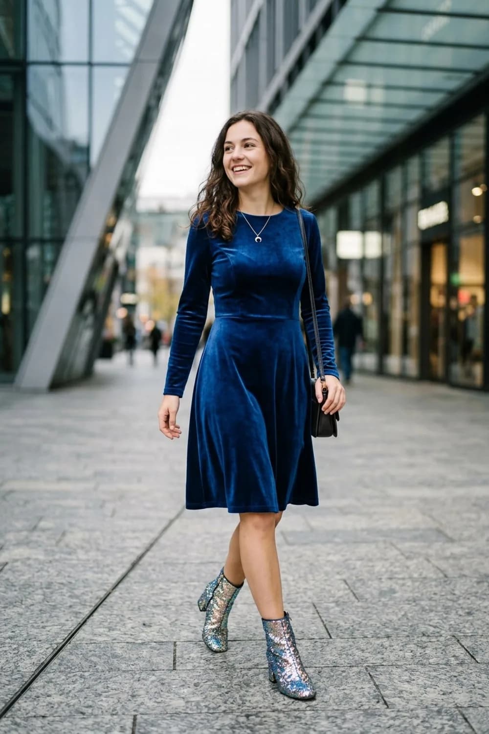 Mystische Samt-Nacht: Dunkelblaues Samtkleid, Glitzer-Stiefeletten und eine Mond-Halskette – Party Kleid: 9 mitreißende Looks für unvergessliche Nächte