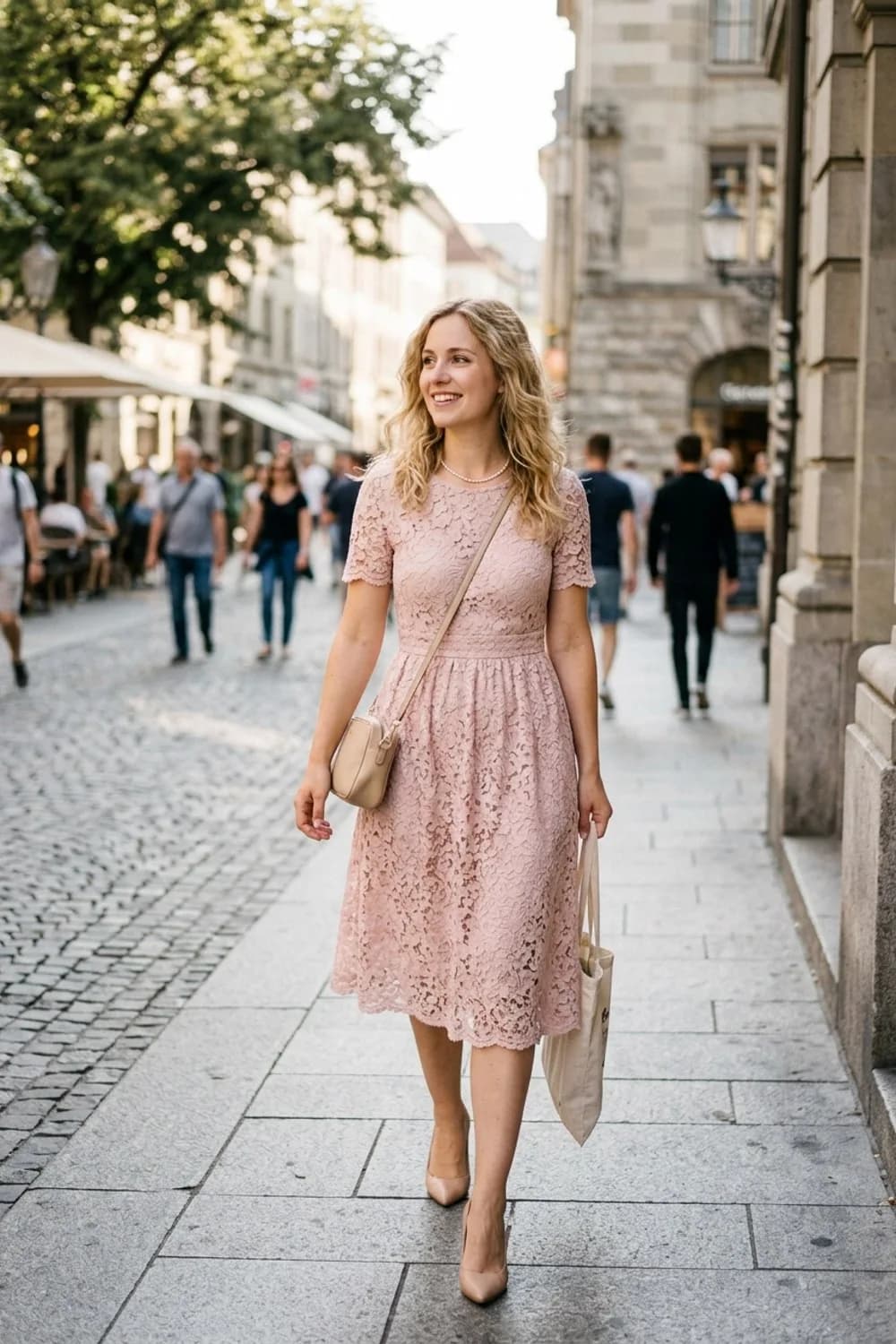 Romantische Spitze: Puderrosa Spitzenkleid, nudefarbene Pumps und eine filigrane Perlenkette – Party Kleid: 9 mitreißende Looks für unvergessliche Nächte