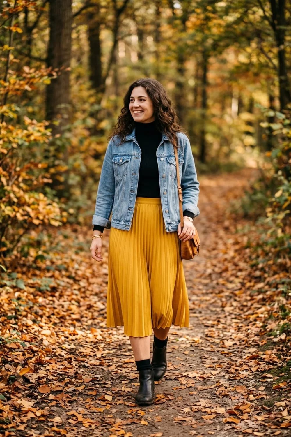 Der lässige Herbst-Layering-Look: Schwarzer Rollkragenpullover, hellblaue Jeansjacke und senfgelber Plisseerock – Plisseerock Outfit: So kombinierst du den zeitlosen Klassiker für jeden Anlass